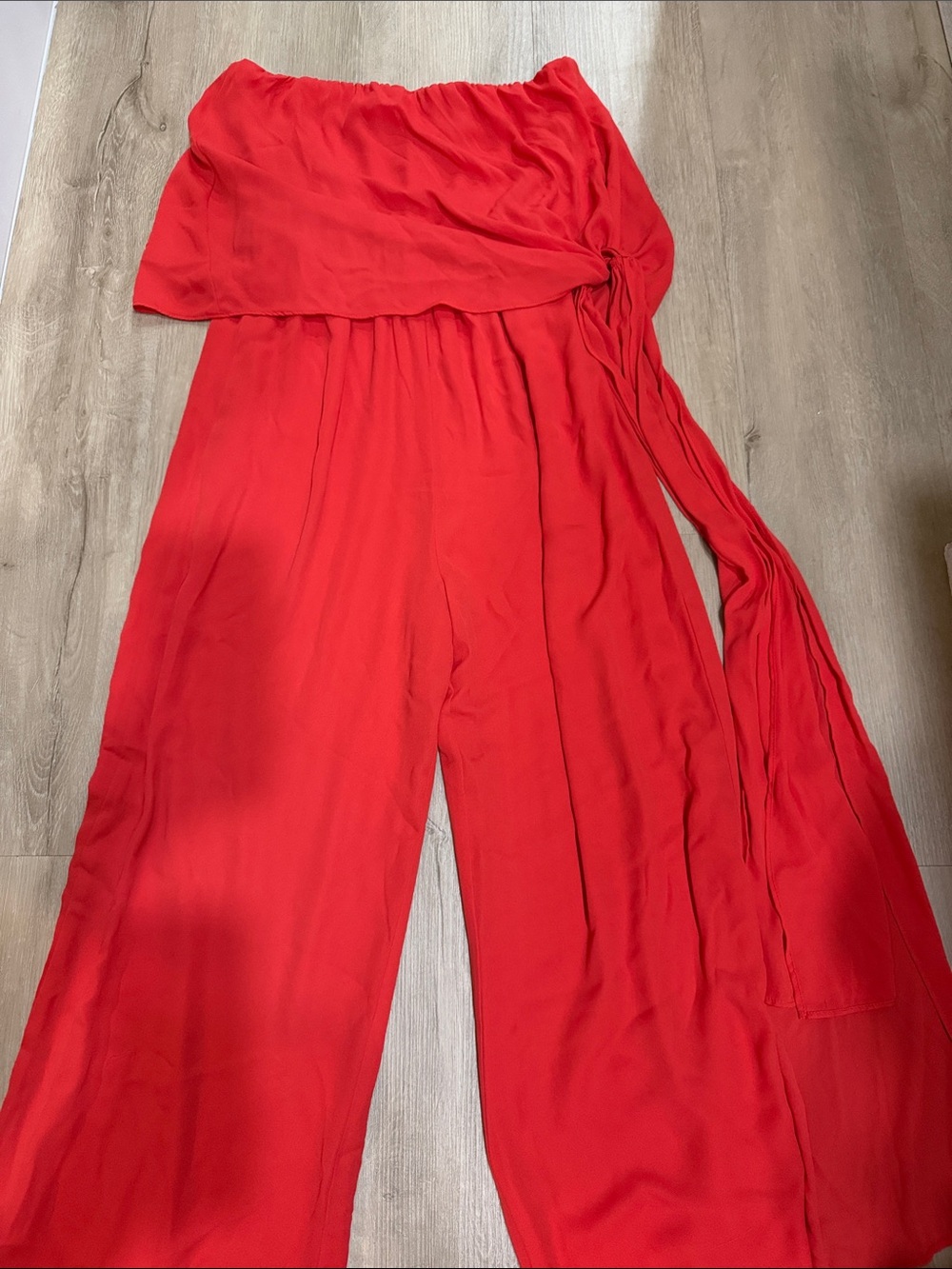 Strapless Wide-Leg Jumpsuit with Side Tie in Red